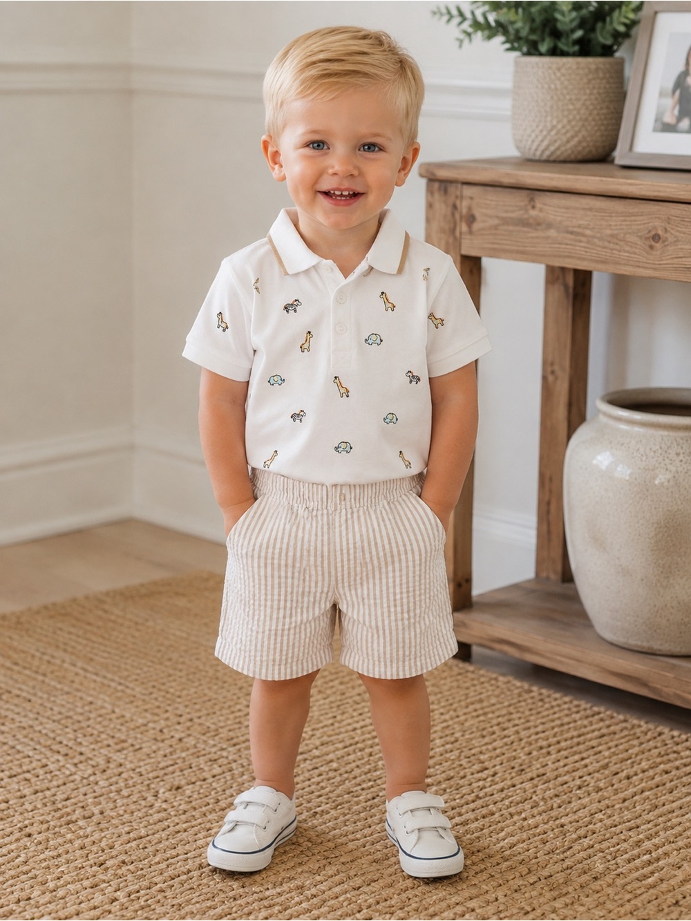 24 month little me Toddler White Polo with Tiny Animal Embroidery